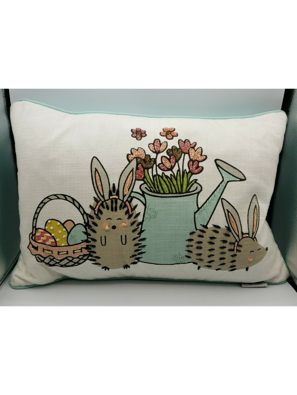Bunny Tales Accent Throw Pillow Beaded Hedgehogs Embroidered 20x14 White Teal